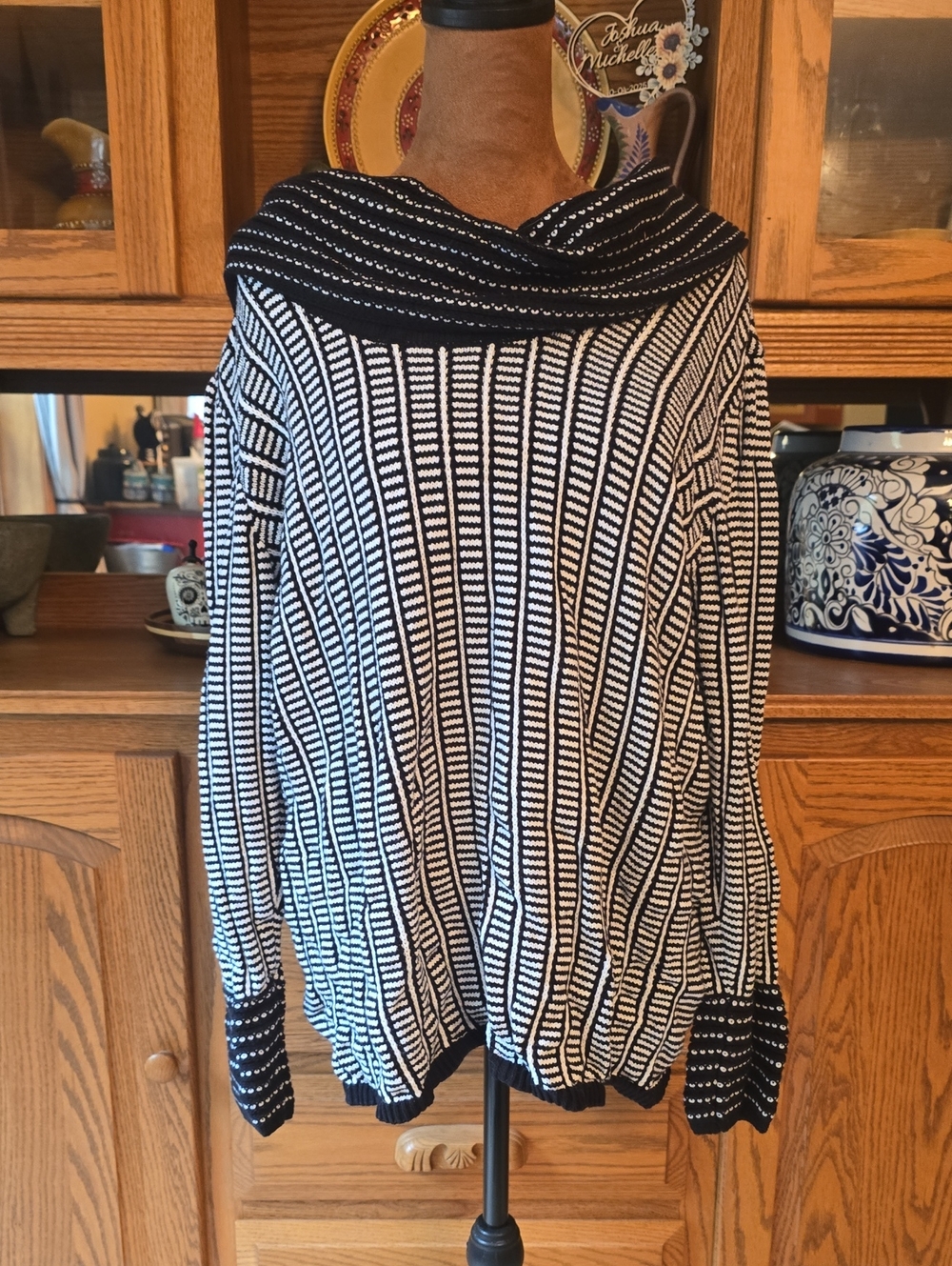 Calvin Klein Black & White Striped Cowl-Neck Sweater